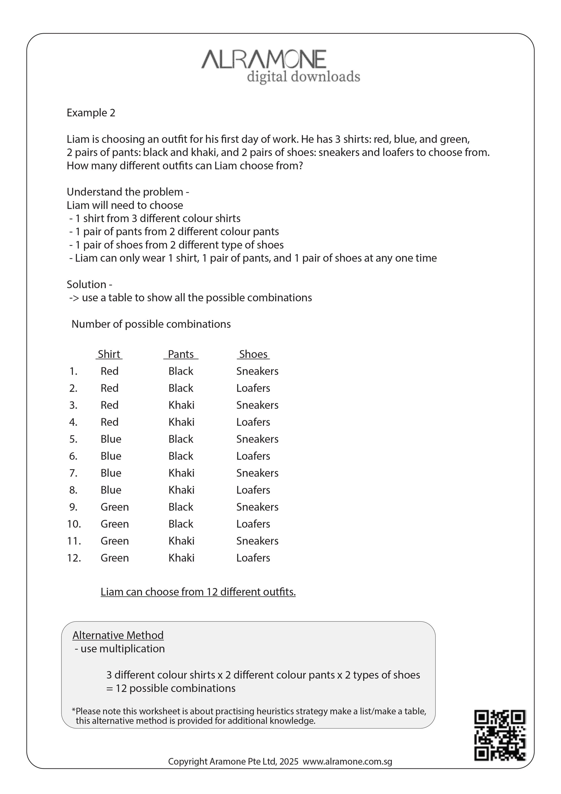 An example Singapore Math word problem question showing the solution using heuristic skill make a list strategy to solve 