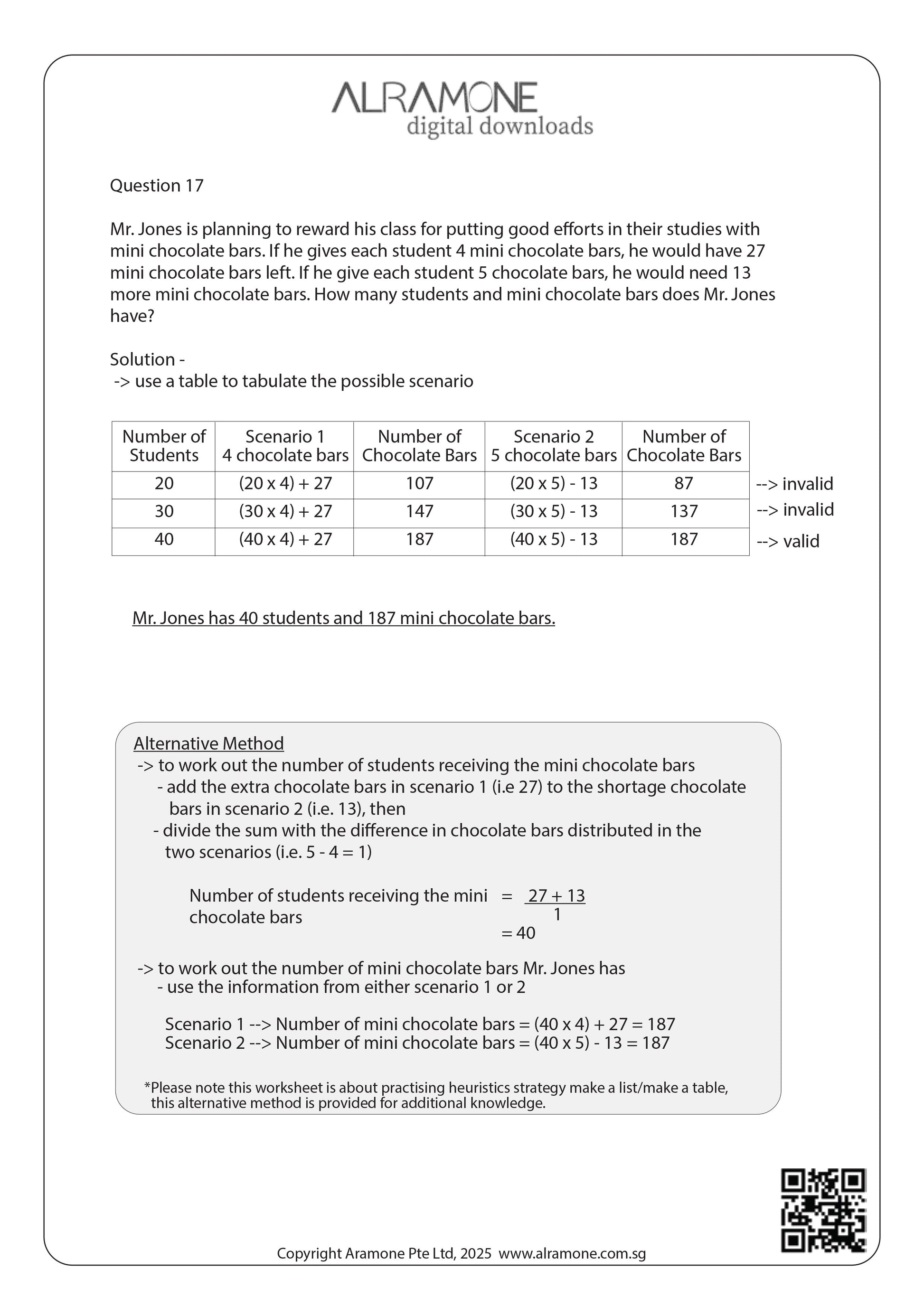 An example Singapore Math word problem showing the solution using heuristic strategy of organizing relevant information into a table to solve