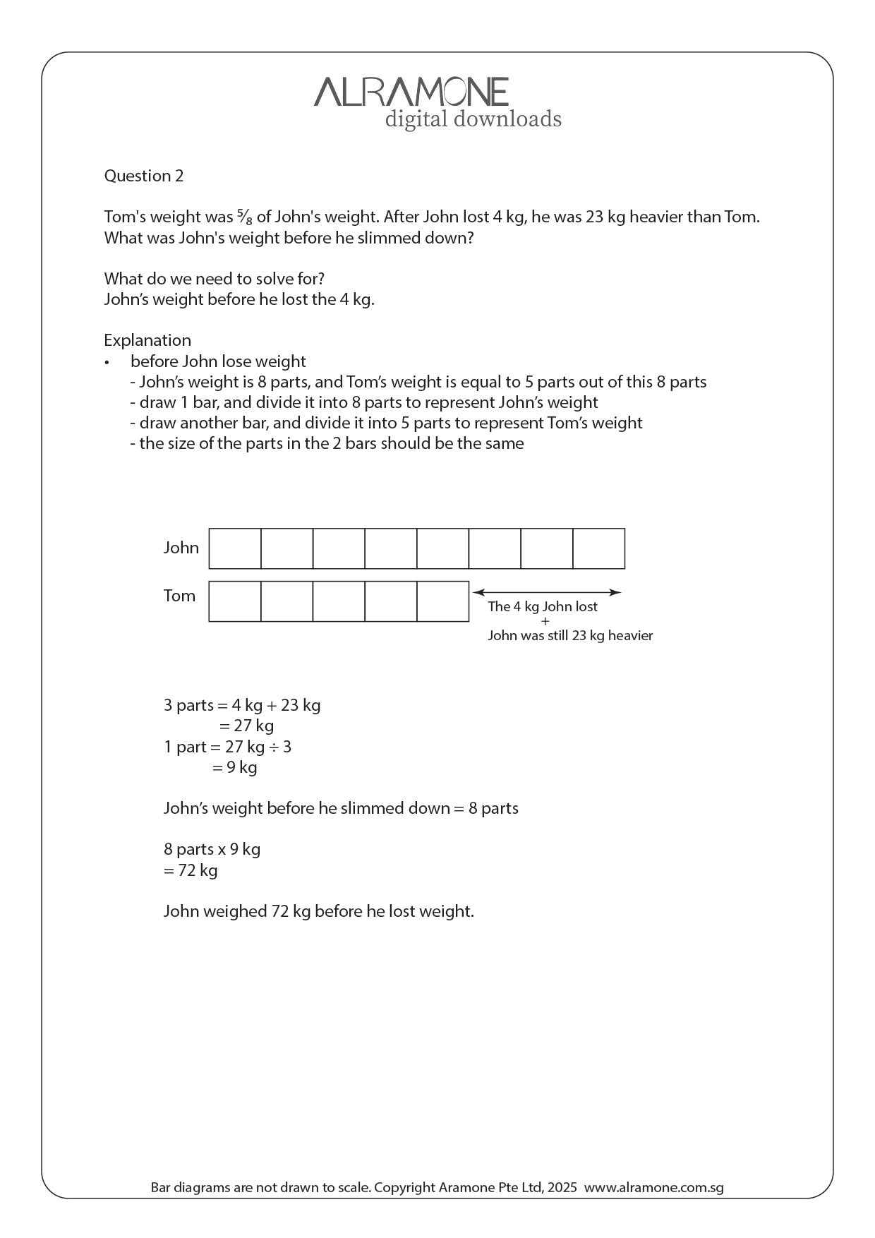 A math word problem showing the use of thinking skill comparing concept with bar models