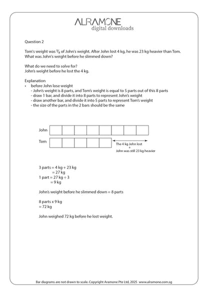 A math word problem showing the use of thinking skill comparing concept with bar models