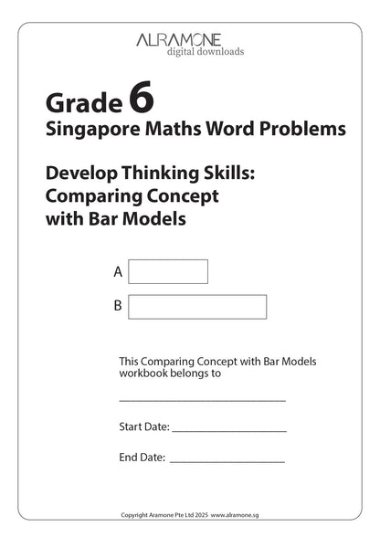 The cover for Grade 6 Singapore Maths Word Problems Develop Thinking Skills Comparing Concept with Bar Models