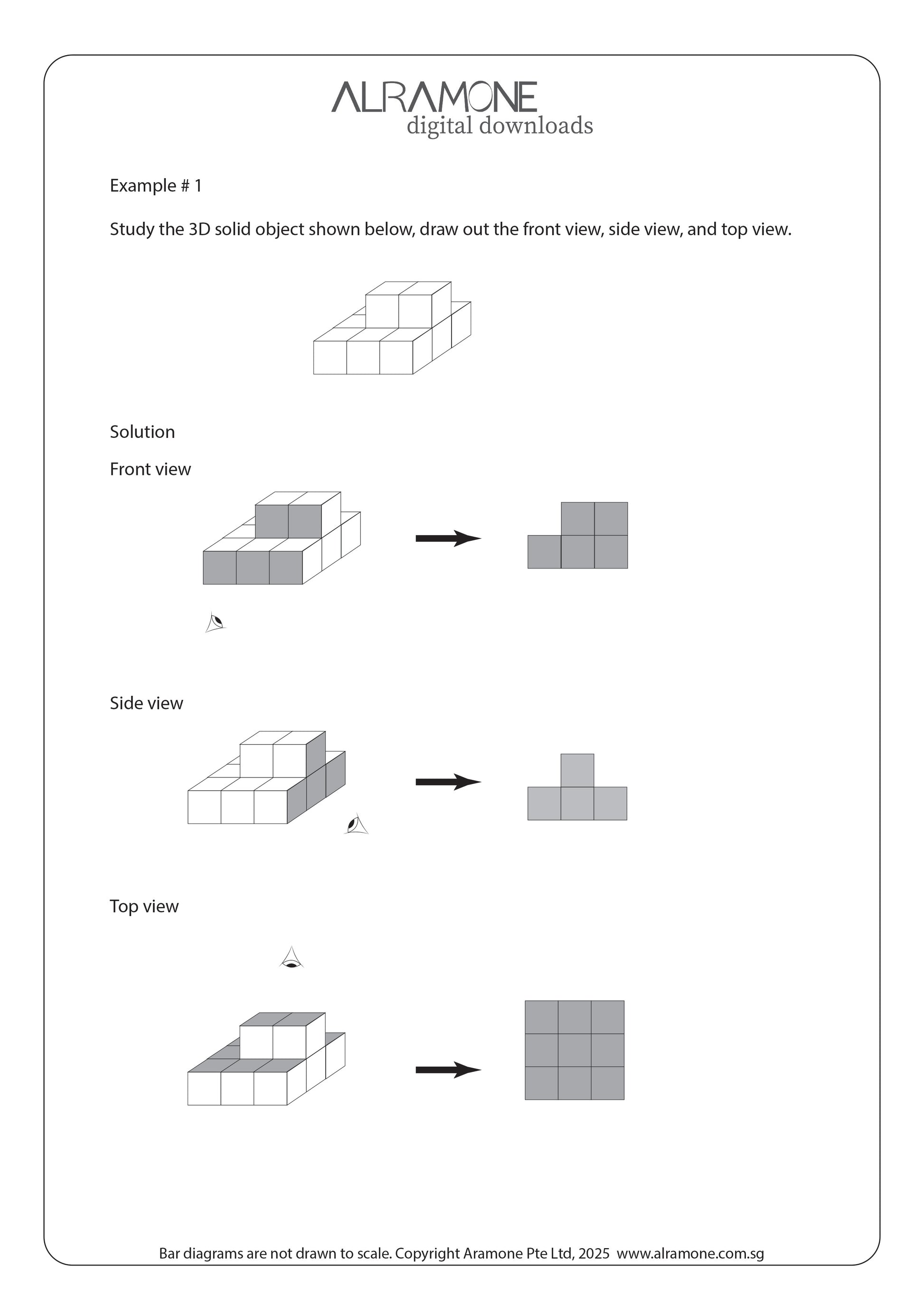 A math word problem showing how to draw the different views of a 3D object using thinking skill spatial visualisation